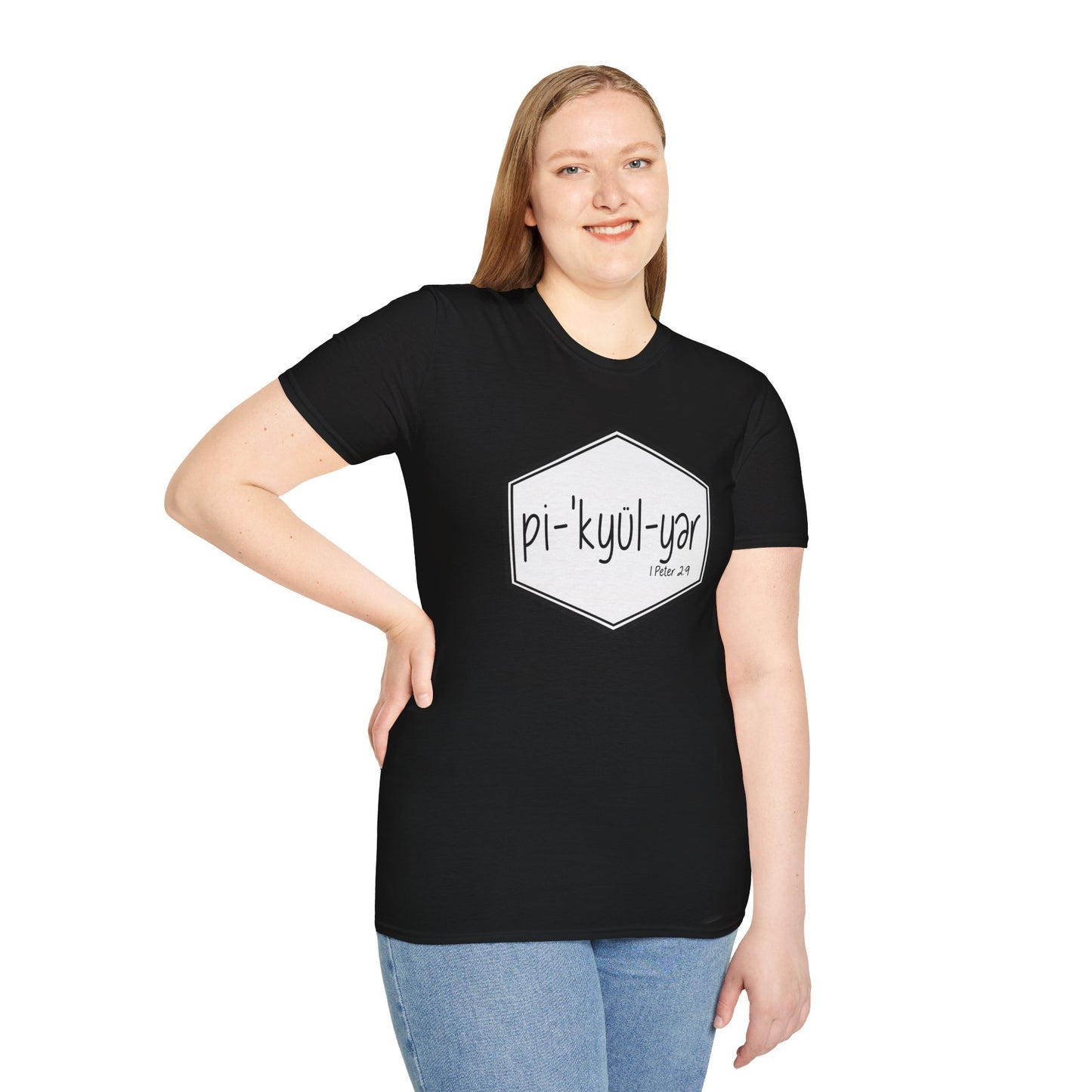 Pi·'kyül·yər Hex Badge Tee — Peculiar People (1 Peter 2:9)