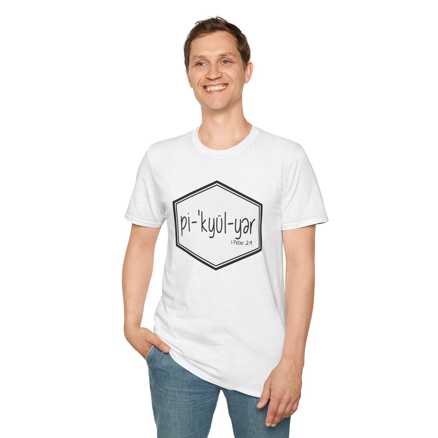 Pi·'kyül·yər Hex Badge Tee — Peculiar People (1 Peter 2:9)