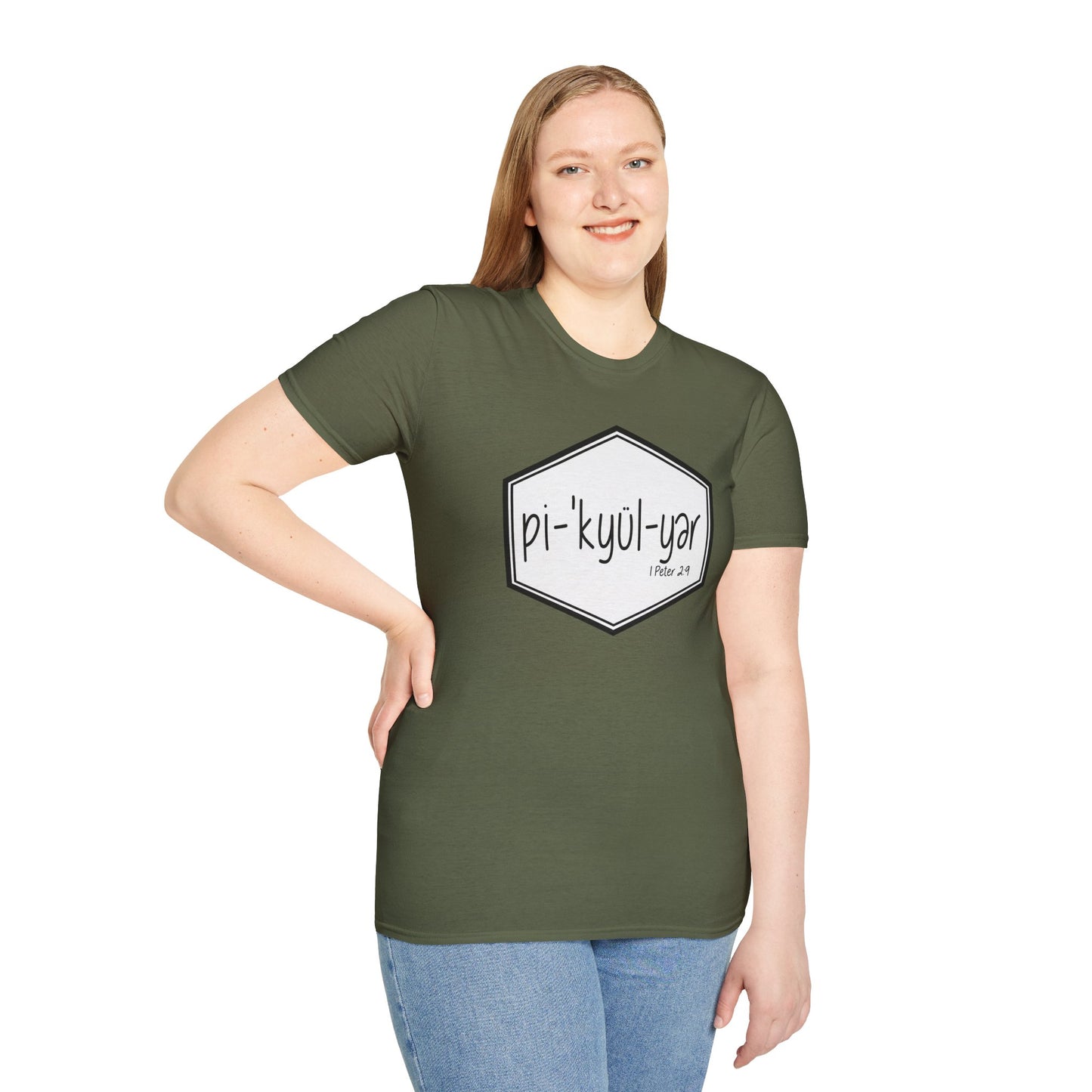 Pi·'kyül·yər Hex Badge Tee — Peculiar People (1 Peter 2:9)